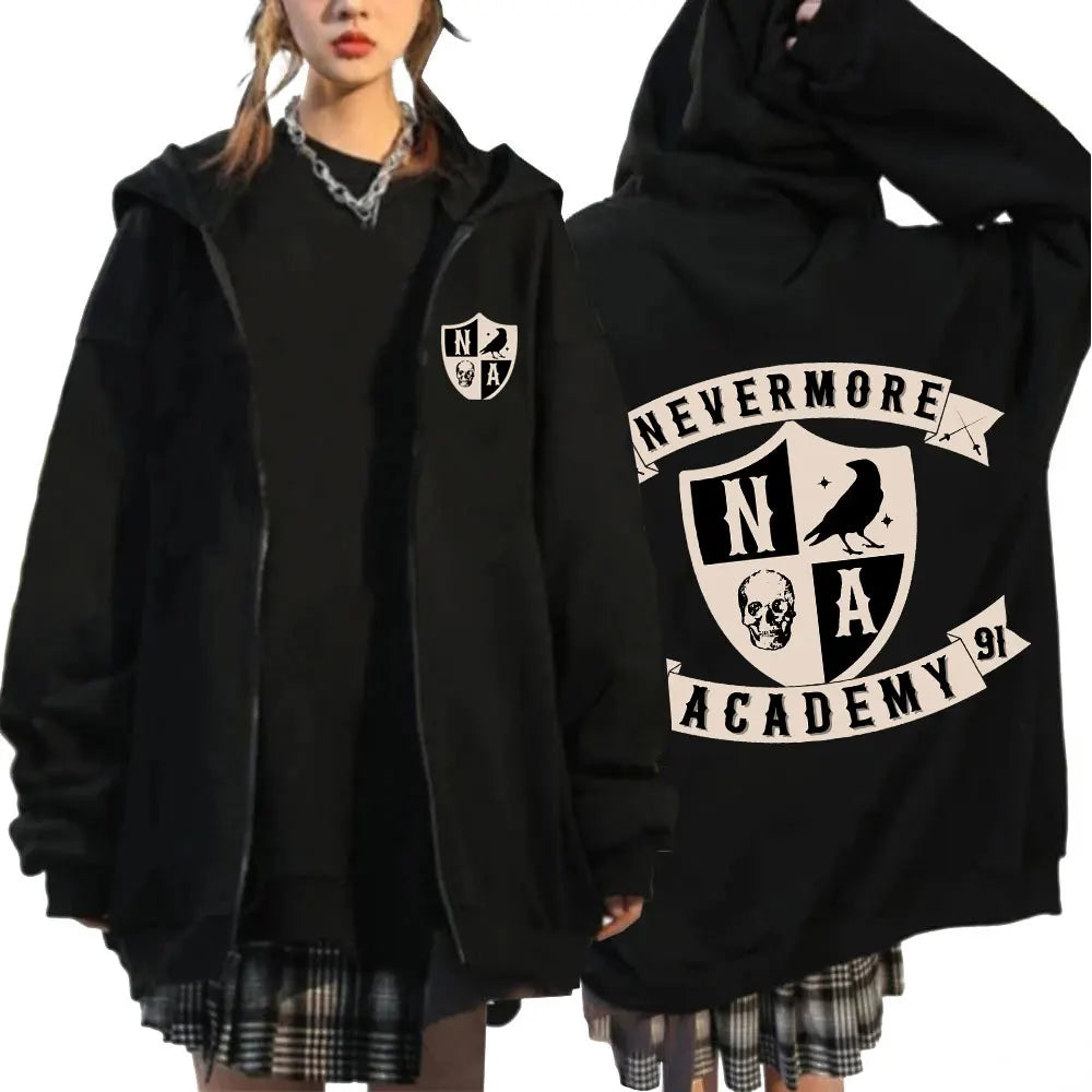 Wednesday Addams Nevermore Academy Zipper Hoodie Sweatshirts Harajuku Oversized Zip Up Coats Hoodies