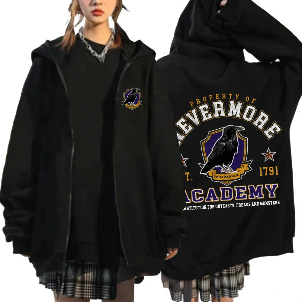 Wednesday Addams Nevermore Academy Black Raven Zip-Up Hoodie