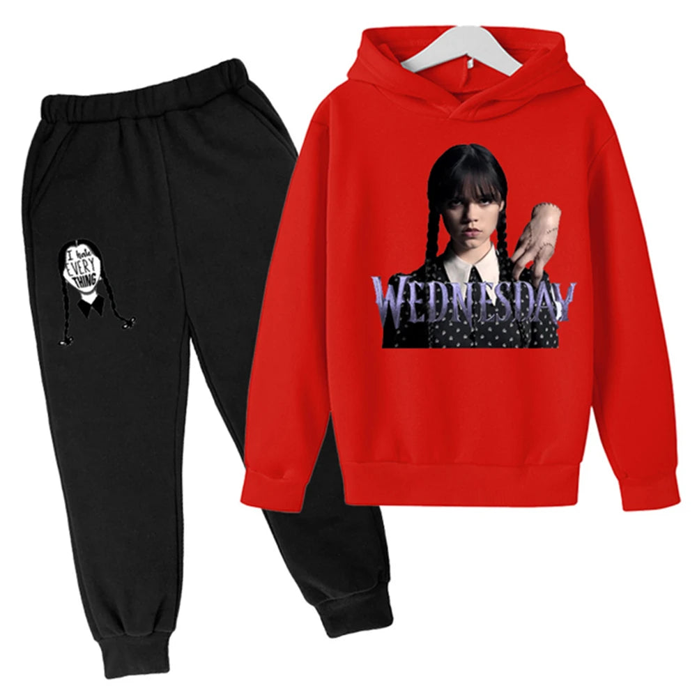 Kids Wednesday Addams Hoodie and Pants Set – Red & Black