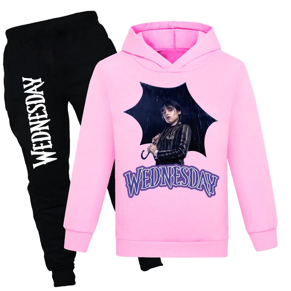 Kids Wednesday Addams Hoodie and Pants Set – Pink & Black