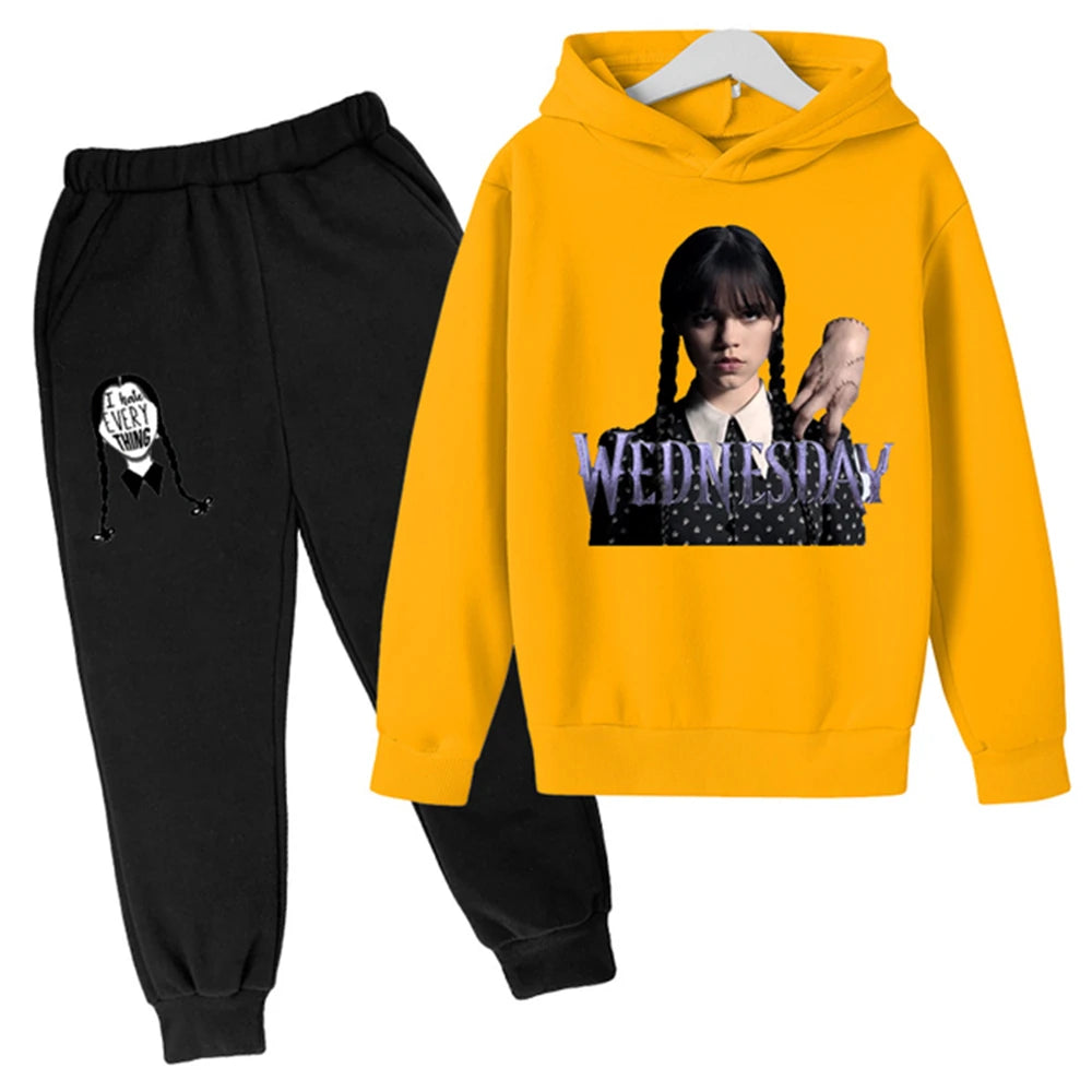 Kids Wednesday Addams Hoodie and Pants Set – Yellow & Black