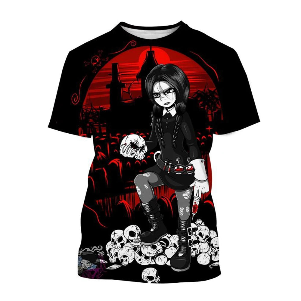 Wednesday Addams Dark Red Gothic Cartoon T-Shirt (Adult & Kids)