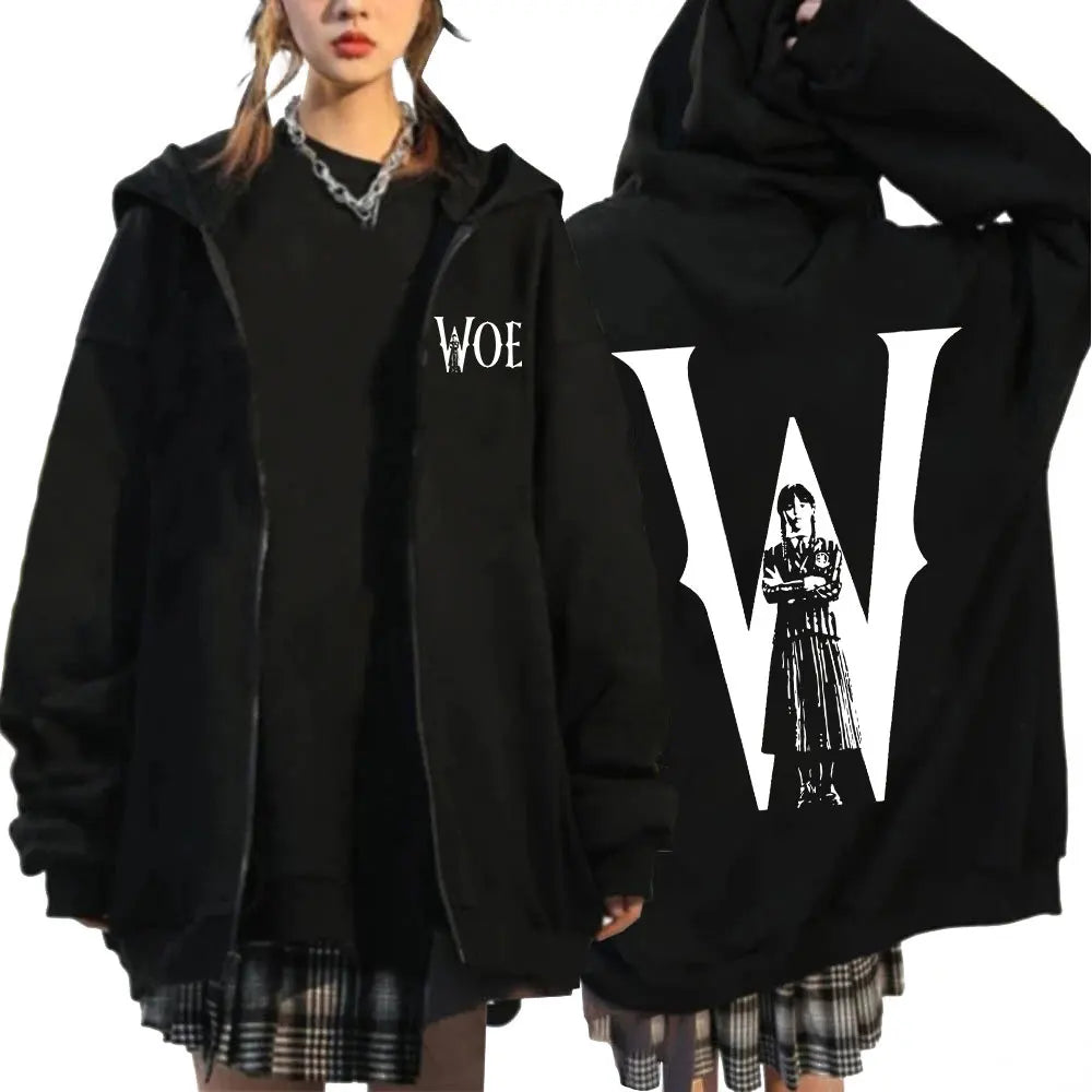 Wednesday Addams "WOE" Black Zip-Up Hoodie