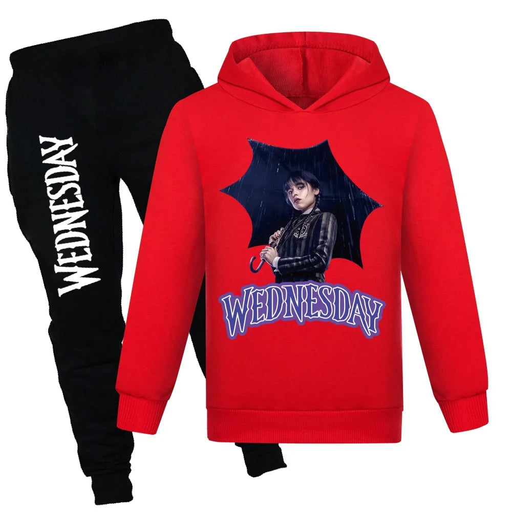 Kids Wednesday Addams Hoodie and Pants Set – Red & Black