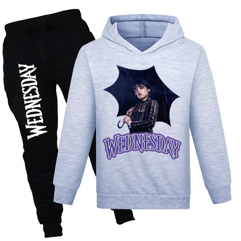 Kids Wednesday Addams Hoodie and Pants Set – Grey & Black