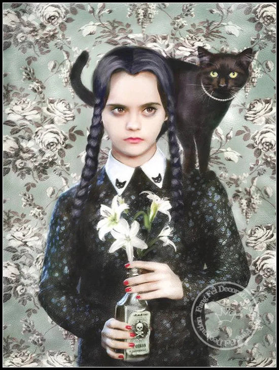 Wednesday Addams with Black Cat Full Drill Diamond Painting Kit Poster