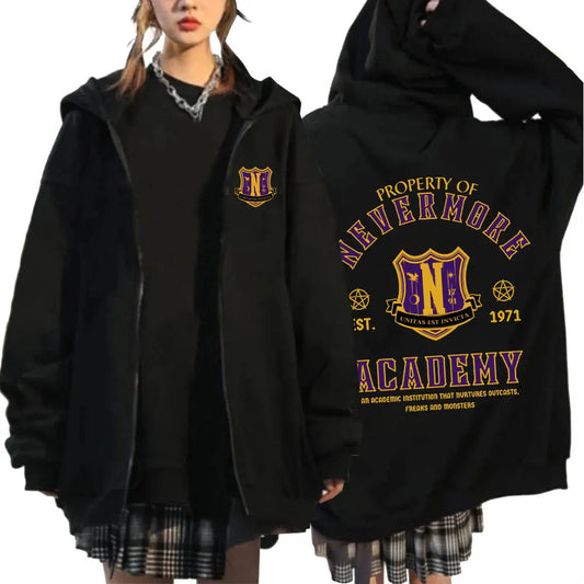 Wednesday Addams Nevermore Academy Black Zip-Up Hoodie
