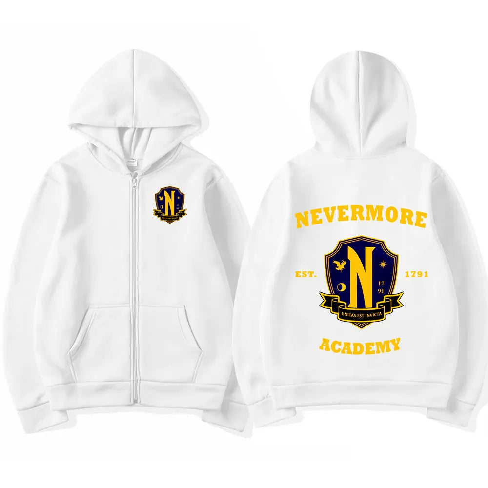 Wednesday Addams Nevermore Academy White Zip-Up Hoodie