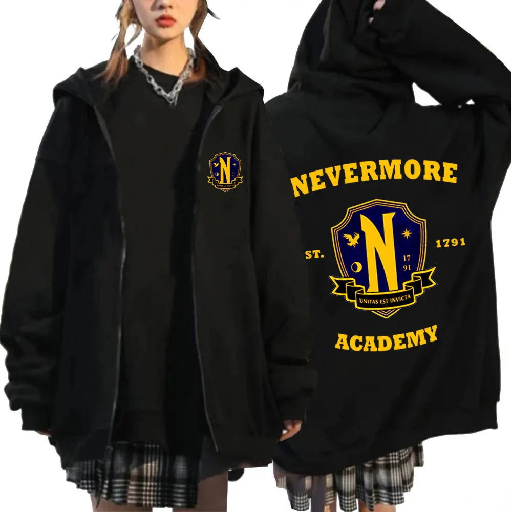 Wednesday Addams Nevermore Academy Black Zip-Up Hoodie