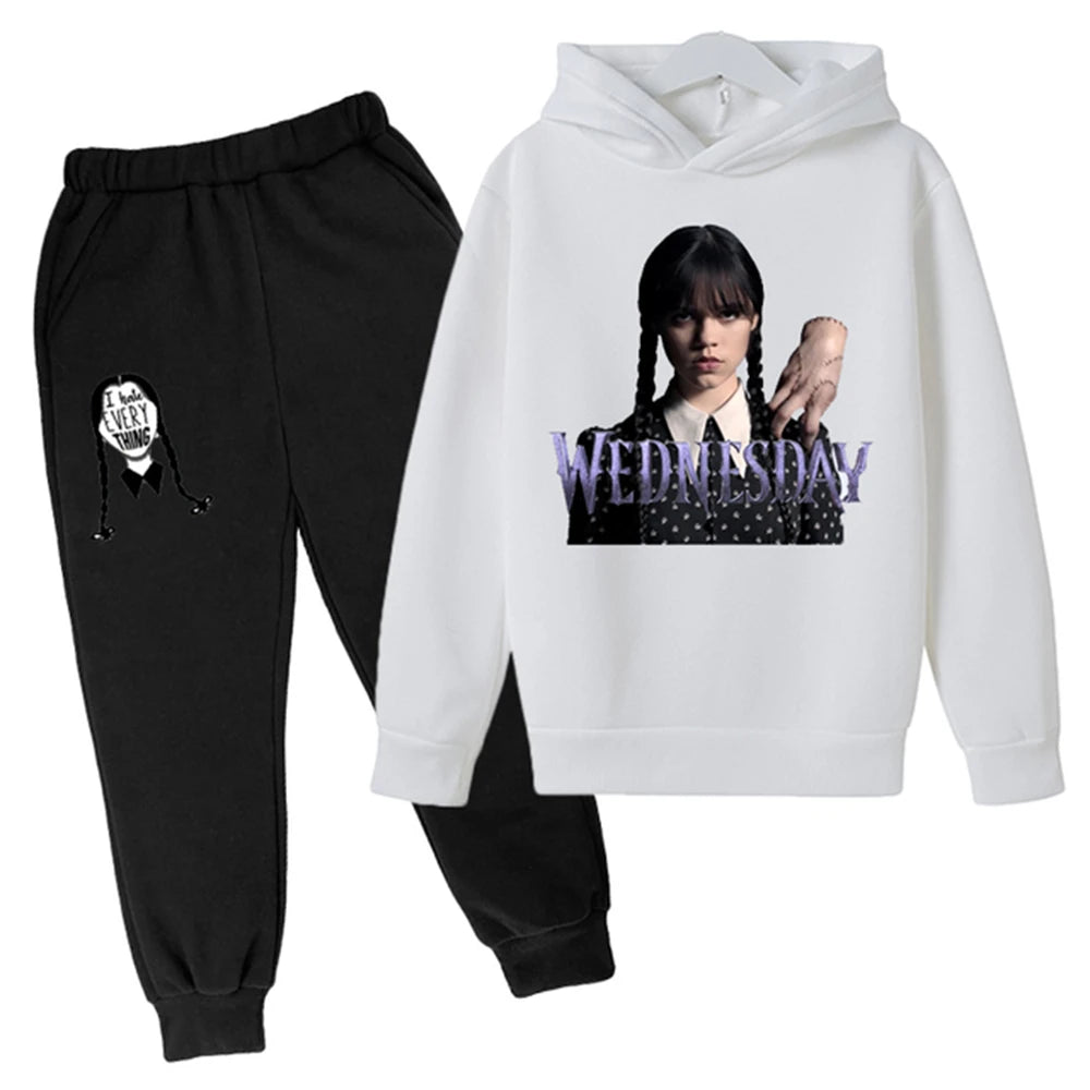 Kids Wednesday Addams Hoodie and Pants Set – White & Black