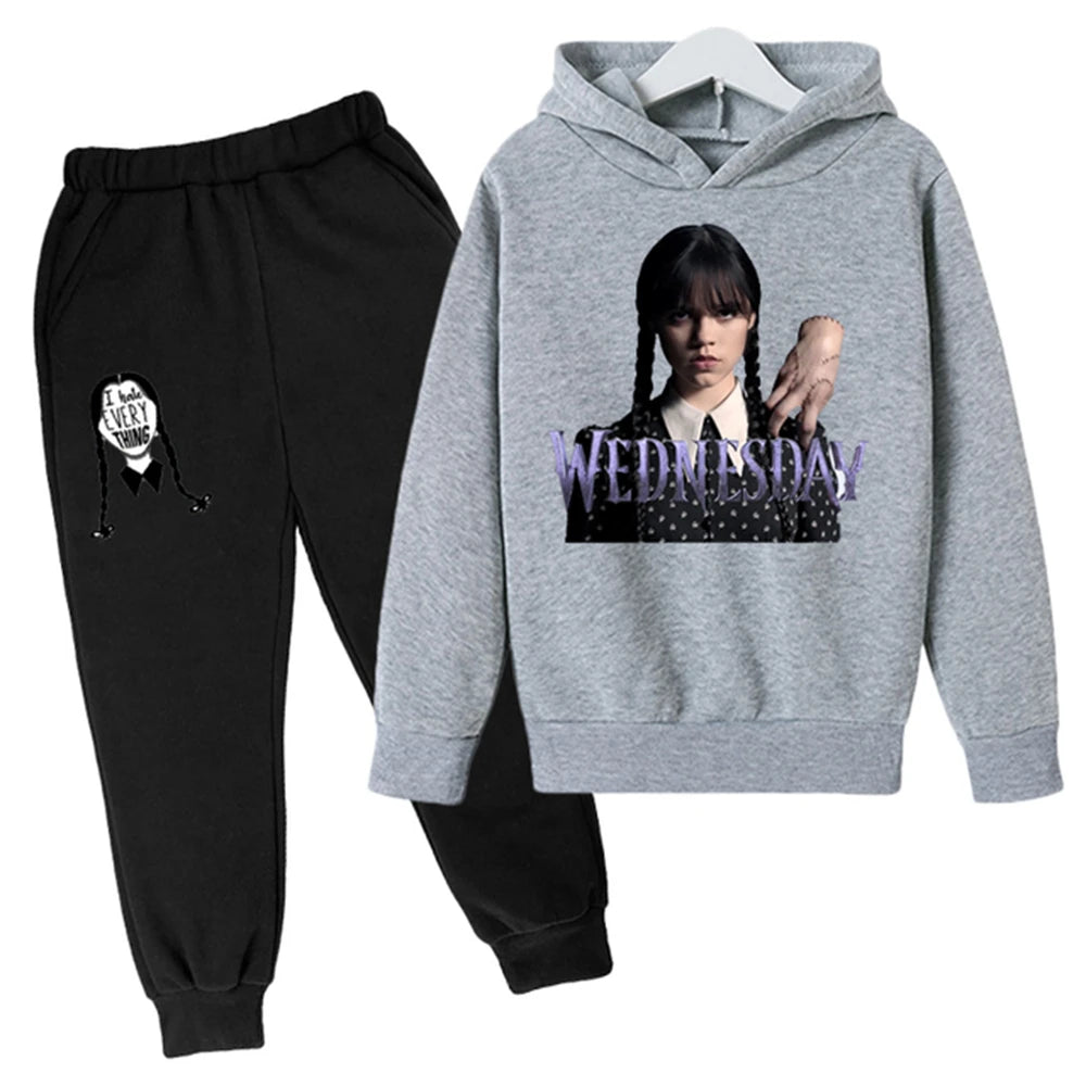 Kids Wednesday Addams Hoodie and Pants Set – Grey & Black